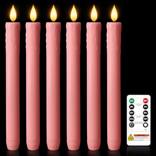 Homemory 6 Pcs Real Wax Pink Flameless Taper Candles with Remote Timer, 9.6 Inches LED Fake Candlesticks, LED Candle with 3D Flickering Flame for Romantic Wedding, Dinner, Xmas Anniversary Decor - style: Romantic - Pink 9.6"
