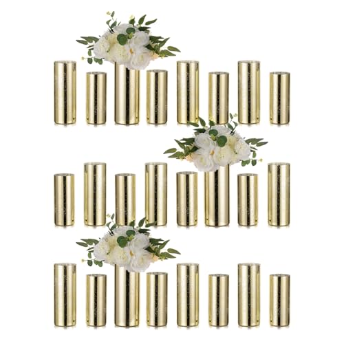Glass Cylinder Vases Set of 24, Hewory Glittery Gold Vase for Centerpieces, Glass Hurricane Candle Holders for Pillar Floating Candle, Tall Round Vase for Wedding Anniversary Events Home Table Decor - color: Gold