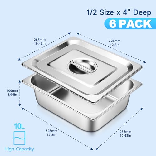 Hotel Pan With Lids 6 Pack 1/2 Size 4" Deep Stainless Steel Steam Table Pan, Commercial Food Pans for Catering Buffet Chafing Dish Pans Metal Steam Tray (1/2 Half Size x 4 Inch Deep, 6 Pack) - color: 1/2 Size, size: 4" Deep