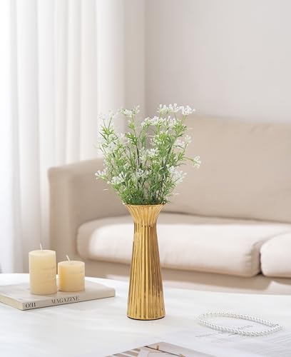 Gold Ceramic Vase for Home Decor, Small Ribbed Flower Vase for Pampas Grass, Modern Decorative Vase for Coffee Table, Shelf, Kitchen, Living Room, Bedroom & Elegant Centerpiece - color: Gold