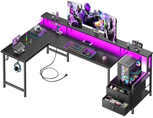 Korfile 66'' L Shaped Gaming Desk with Drawers and Storage Shelves, Reversible Corner Desk with Power Outlets and Host Stand, Large Computer Desk with Led Lights for Gaming, Work, Home Office, Black - color: Black