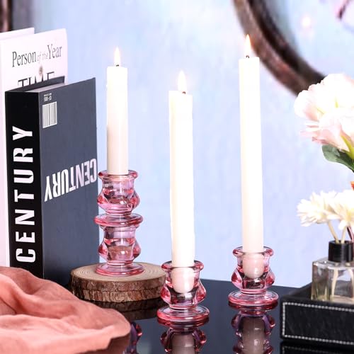 NITIME 12pcs Pink Candlestick Holders, Pink Glass Candle Holders for Pillar Candles, Taper Candle and Tealight Candles, Taper Candle Holders for Wedding, Table Centerpiece - color: Pink