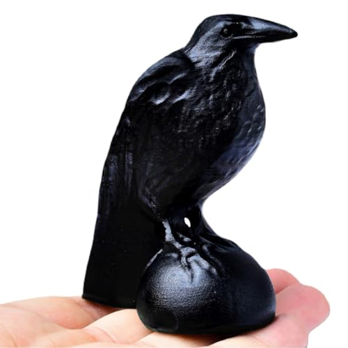 Black Obsidian Raven Statue 3.15" Large Crow Statue Figurine Healing Crystal Stone Sculpture Reiki Meditation Gothic Home Decor Gift