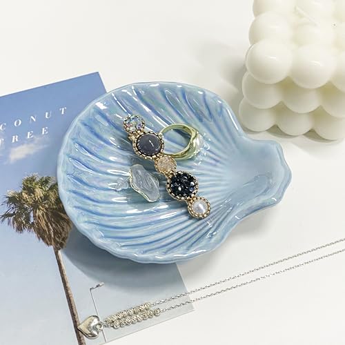Shell Jewelry Dish Tray for Women, Ceramic Seashell Jewelry Ring Holder Dish, Jewelry Plate Trinket Dish for Necklace, Earring, Ring, Mother's Day Christmas Gift, 3.9", Sky Blue Iridescent Surface - color: Sky Blue