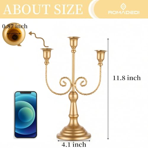 Romadedi Candelabra Gold Candle Holders - 3 Arm 11.8" Wedding Candlestick Holder for Theme Party Table Centerpiece Decor Dining Room Birthday Holiday Christmas - color: Gold-3 Arm, size: 1pc