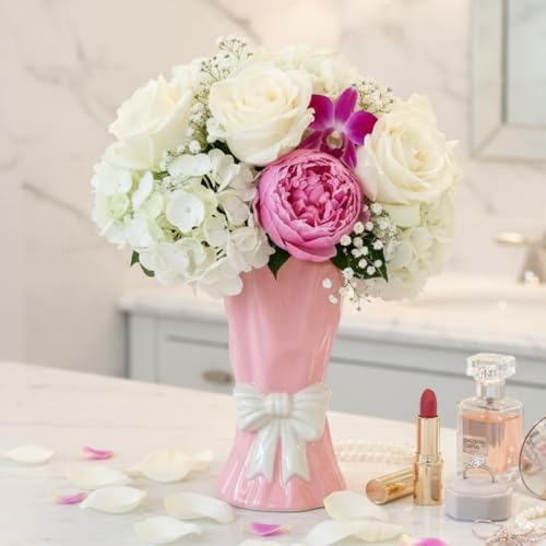 Pink Bow Vase, Hot Pink Flower Vase for Home Decor, Ceramic Vases for Boho Style, Small Cute Vases for Ideal Shelf Decor/Table/Living Room. (Pink 6, Large) - color: Pink 6