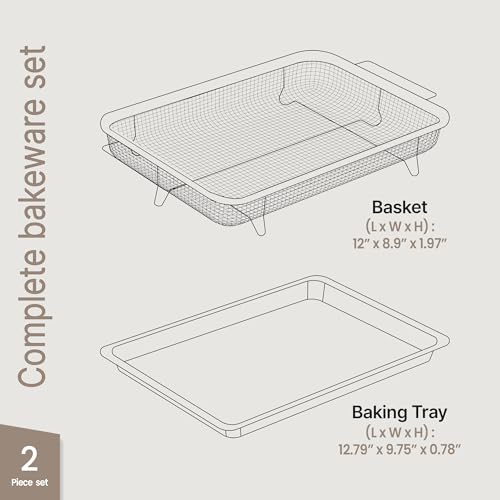 Bakken Swiss Air Fryer Tray, 2 in 1 Nonstick Crisper Air Fry Basket w/Elevated Mesh Great for Oven, Dishwasher Safe – Ceramic Coating PTFE/PFOA/PFOS FREE Extra-large (9.5"x13", Gray) - color: Gray, size: 9.5" x 13"