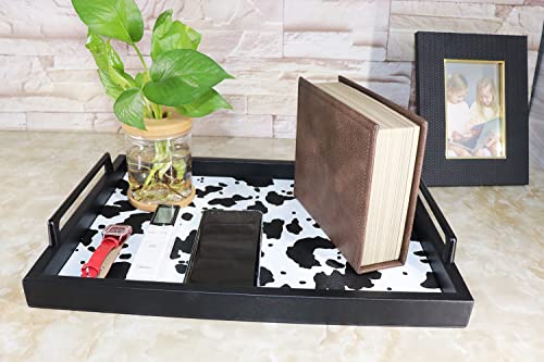 MCBZ Living Room Decorative Tray, Serving Tray, Coffee Table Tray, Leather Tray, Hardware Handle 16.5 x 12.6 inches (Black) - color: Black/White Cow Pattern