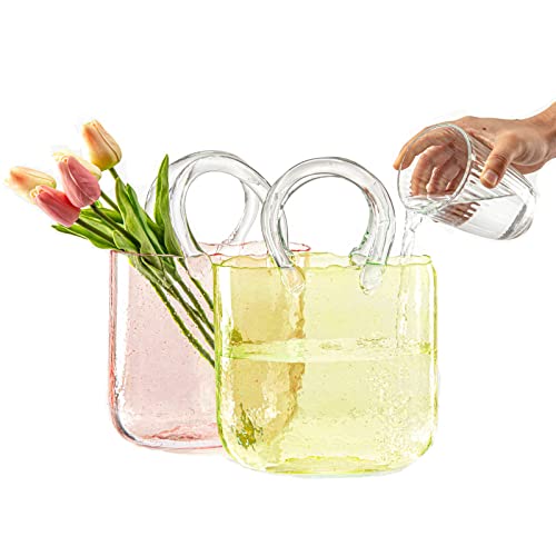 Thickened Glass Purse Vase for Flowers Gift Set-(Handmade 5mm Crystal-Unique Cute Clear Bag Vase with Reinforced Gift Box, Premium Table Centerpiece for Wedding/Mothers Day (Yellow) - color: Yellow