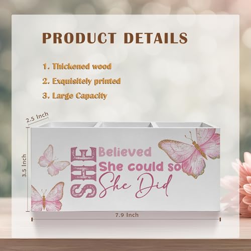 She Believed She Could Pencil Pen Holder for Desk, Inspirational Gifts for Women, Retro Coquette Butterfly Wooden Pencil Holder Organizer for Home Office Desk Accessories - color: Color-Desk accessories white 11