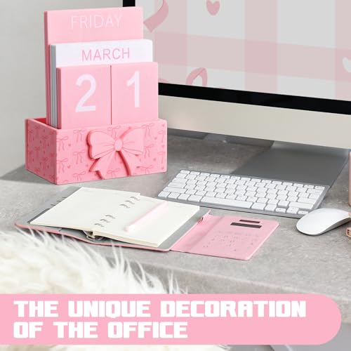 AceOrbit Pink Bow Wood Block Perpetual Calendar Coquettish Desk Decor Cute Month Week Date Display Decorative Block Calendar for Women Office Home Desk Gift for Women - style: Pink Bow