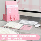 AceOrbit Pink Bow Wood Block Perpetual Calendar Coquettish Desk Decor Cute Month Week Date Display Decorative Block Calendar for Women Office Home Desk Gift for Women - style: Pink Bow