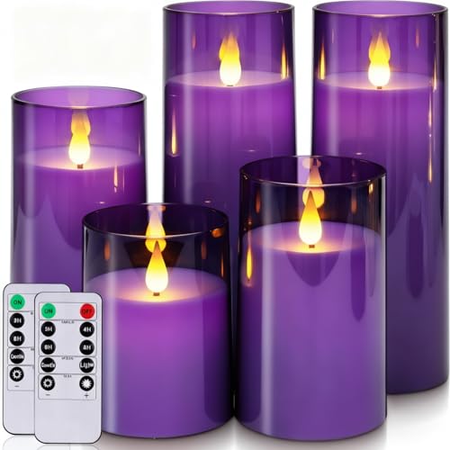 Homemory Purple Flickering Flameless Candles, Battery Operated Acrylic LED Pillar Candles with Remote Control and Timer, Purple Decor, Set of 5 - color: Purple