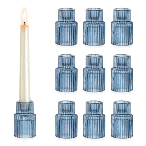 Hewory Glass Candlestick Candle Holder: 10PCS Blue Glass Taper Candle Holders for Table Centerpiece, Vintage Tapered Candlestick Holders for Christmas Centerpiece Wedding Party Holiday Home Decor - color: Blue, size: 10PCS