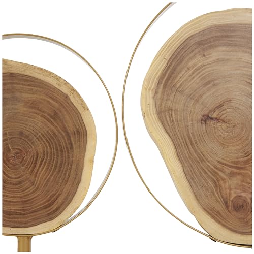 Deco 79 Wood Abstract Handmade Decorative Sculpture Live Edge Slab Home Decor Statues with Gold Metal Rings, Set of 2 Accent Figurines 14", 11"H, Brown - size: 14", 11"H