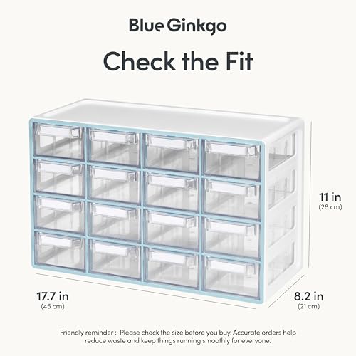 Blue Ginkgo Medium 16-Drawer Cabinet – Stackable Clear Organizer for Hardware, Beads, Plastic Bricks, Office, and Craft Storage (Made in Korea, Blue) - color: BLUE, size: 16 Drawer