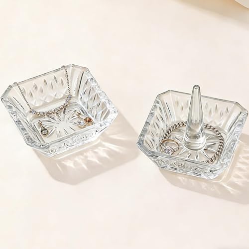 Clear Crystal Ring Holder Set of 2 Glass Jewelry Ring Dish Tray Gifts for Women on Engagement Wedding Party Mother's Day - color: clear-square
