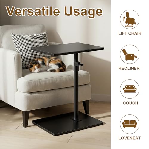 YUHFERA Sofa Armrest Tray Table for Couch - 360 Swivel Height Adjustable C-Shaped End Table for Small Spaces, Snack Side Table for Bed or Chair with Phone & Tablet Slot, Black, Enlarged - color: Black, size: Enlarged
