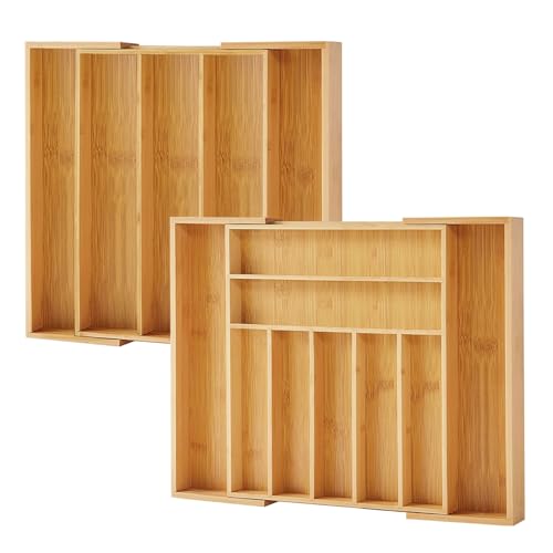 Bamboo Drawer Organizer, 2 Pack - Expandable Silverware Organizer & Utensil Drawer Organizer, Cutlery Tray with Dividers, 7-9 Slots - Premium Kitchen Organizer for Utensils & Flatware (Natural) - color: Natural, size: 7-9 Slot