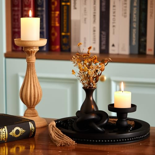 3 Pcs Coffee Table Decor Include 12in Black Wooden Serving Tray, Wood Boho Knot Chain and Wood Bead Garland with Tassels for Coffee Table Housewarming Gift Dining Room Entryway Living Room Farmhouse