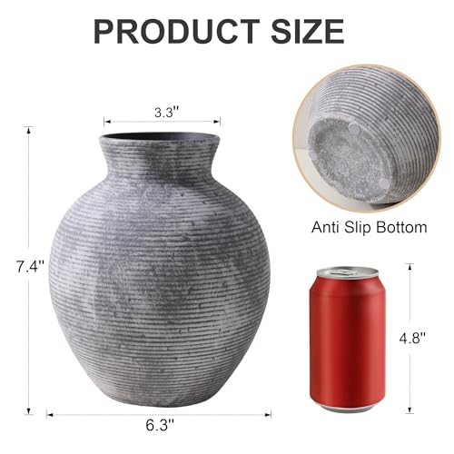Ceramic Flower Vase Home Decor, 7.4 in Farmhouse Table Vases Retro Vintage Living Room Kitchen Bedroom Decoration Pottery Decorative Vases for Flowers House Shelf Office Desk Dining Entryway, Grey - color: 7.4 in - Grey