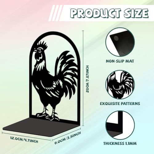 Peacoblue Metal Bookends for Shelves, Modern Decorative Heavy Duty Study Book Support Stoppers for Office, Desk, Shelf, Room 5.3"x4.3"x7.9" Cast Iron Simple Tall Bookends, 1 Pair (Rooster) - style: Rooster