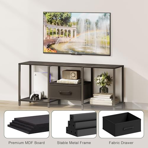 JARHETUN TV Stand with Fabric Drawer for 55 Inch TV, Entertainment Center with Open Shelves, Media TV Console Table for Living Room, Bedroom, Black - color: Black, size: 46.1 Inches