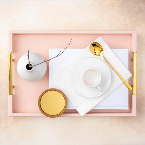 Home Redefined Modern Elegant 17.5"x12" Rectangle Baby Pink Tray Glossy Shagreen Faux Leather Decorative Ottoman Coffee Table Perfume Dresser Kitchen Serving Tray with Gold Polished Metal Handles. - color: Baby Pink & Gold