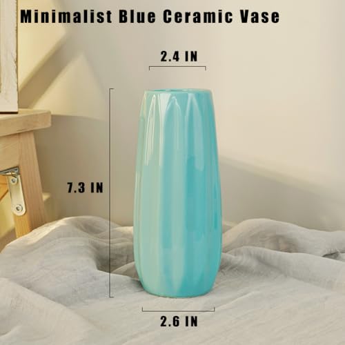 Blue Ceramic Vase 7.3 Inch - Glossy Minimalist Nordic Flower Vase for Home Decor, Perfect for Dried/Fresh Flowers, Wedding Centerpiece, Housewarming Gift for Christmas, Mother’s Day, Valentine’s Day - color: Blue