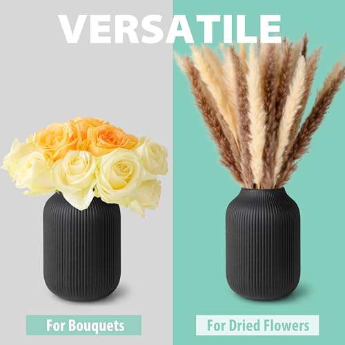 flature Ceramic Vase with Grooves - Waterproof Flower Vase in Matte Black for Fresh Flowers, Dried Flowers, Pampas Grass, Large 7.9" Tall Vase as a Gift, Decoration for Living Room, Bedroom, Office. - color: Black