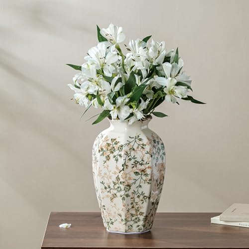 for Mom from Daughter or Son, Vintage Pastoral Octagonal Ceramic Vase 9.1”, Green & Beige Chinoiserie Floral Vase, Rustic Farmhouse Decor for Living Room, Kitchen, Bedroom, Shelf - color: 02-green and Beige