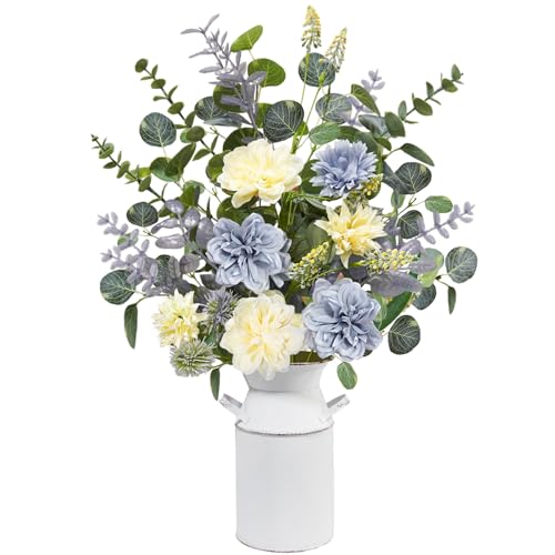 Krissing Fake Flowers in Vase, 24.5" Tall Artificial Floral Arrangement with Metal Pot Blue Silk Faux Hydrangea Flowers Greenery Stems for Table Centerpieces Home Kitchen Spring Decor - color: Blue