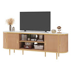 EROMMY 70" Fluted TV Stand, TV Entertainment Center with Storage for TVs Up to 80", Modern TV Console with Faux Marble Top, Curved Design, Tambour Sliding Doors (Natural Oak) - color: Natural Oak