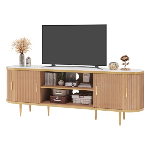 EROMMY 70" Fluted TV Stand, TV Entertainment Center with Storage for TVs Up to 80", Modern TV Console with Faux Marble Top, Curved Design, Tambour Sliding Doors (Natural Oak) - color: Natural Oak