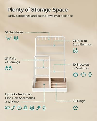 SONGMICS Jewelry Holder, Jewelry Organizer, Jewelry Display Stand with Metal Frame, Velvet Tray, Necklace Earring Bracelet Holder, for Studs, Rings, Gift Idea, Matte White UJJS021W01 - color: Matte White