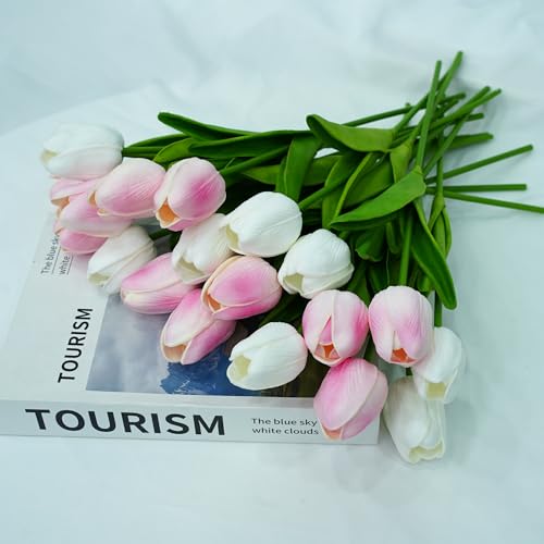 20pcs White and Pink PU Faux Tulips Flowers 13 Inch Fake Flowers Mother's Day Easter Valentine’S Day Gifts in Home Kitchen Wedding Dining Table Decoration - color: White and Pink