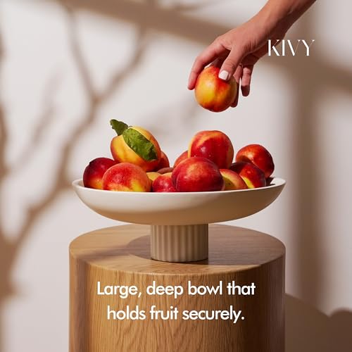KIVY Concrete Fruit Bowl for Kitchen Counter - Large Decorative Pedestal Bowl for Home Decor - Modern Key Bowl for Entryway Table - White - color: Cream, style: Ribbed