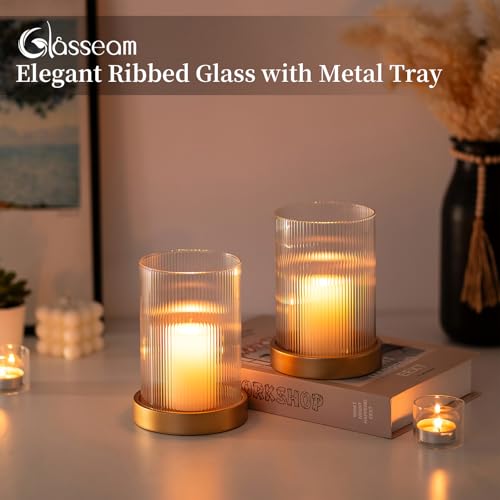 Glasseam Hurricane Glass Candle Holder: Gold Pillar Candle Holders Set of 2 Ribbed Glass Cylinder Covers with Metal Candle Tray Modern Candle Holders for Table Centerpiece Living Room Decorations - color: Gold