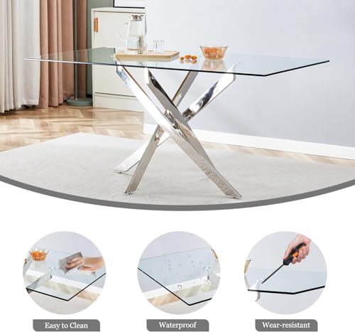 5 Piece Rectangular Glass Dining Table Set, 63'' Modern Kitchen Table Set Silver Base with 4 Minimalism Black Boucle Dining Chairs, Dining Table and Chairs for Home, Apartment - color: Silver+black Chairs, size: 63'' + 4 Chairs
