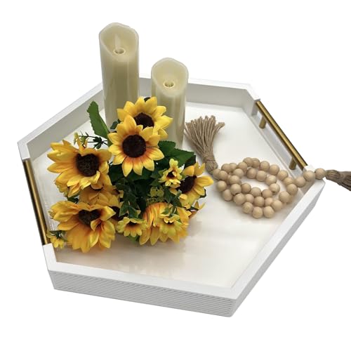 Serving Tray with Polished Metal Handles, Hexagon Coffee Table Tray, Modern Rectangle Decorative Tray, Large Ottoman Tray, Perfect for Storage and Display (White Hexagon) - color: White Hexagon