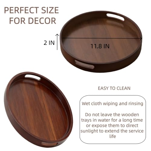 Rustic Wood Serving Tray with Handles - 11.8" Round, Decorative Tray for Kitchen Living Room Coffee Table Candle Display Breakfast in Bed, Multi-Functional Food & Beverage Wooden Tray, Farmhouse Style