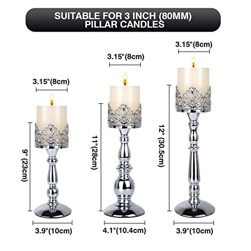 Candle Holders for Pillar Candles Set of 3 Silver Vintage Tall Candle Holders Decorative Large Table Centerpieces Candle Stand Decor - color: Silver