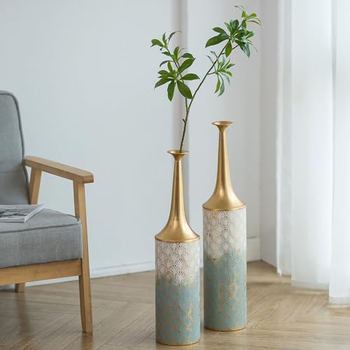 Sziqiqi Large Floor Vases Decorative Tall- 23.4/26in Set of 2 Coastal Big Vase for Home Decor Living Room Rustic Flowers Vases Metal Plant Farmhouse Vases for Pampas Grass Feathers Twigs Branches - style: Blue Floor Vases