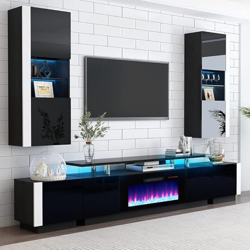 AMERLIFE Fireplace TV Stand with 36" Fireplace, 70" Modern Fireplace Entertainment Center LED Lights, 2 Tier TV Console Cabinet for TVs Up to 80", Obsidian Black - color: Black, size: 70"