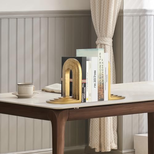 Decorative Gold Bookends for Heavy Books - Set of 2 Vintage Arch Book Ends for Shelves Non-Skid Book Stopper for Christmas Birthday Mother’s