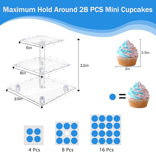 YestBuy 3 Tier Square Cupcake Stand - Premium Cupcake Holder - Acrylic Cupcake Tower Display - Cady Bar Party Décor + LED Light String - Ideal for Weddings, Birthday Parties( Blue Light) - color: Blue, size: 3 Tier Square