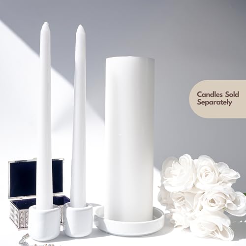 Unity Candle Holders and Vase Set, White Porcelain Candleholders for Taper Candles and Vase for Pillar Candle, Set of 3, Minimalist Round Ceramic Candle Holders, Great for Wedding Candle Set