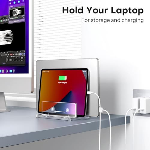 OMOTON Vertical Laptop Stand for Desk, Acrylic Dual Laptop Holder Desktop Clear Adjustable Dock for MacBook Pro Air, HP, All Gaming Laptops up to 17” (Clear, Dual Slot) - size: Dual-Clear
