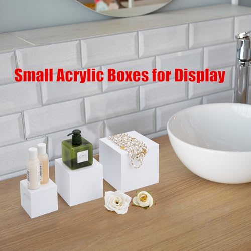 Clisela 3pcs Acrylic Cube Display Stands Box Risers with Hollow Bottoms, Food Risers for Buffet Table, Decorative Display Stand Shelf for Dessert Collectibles Jewelry Figures Show - White 3" 4" 5" - size: (3,4,5)"- White