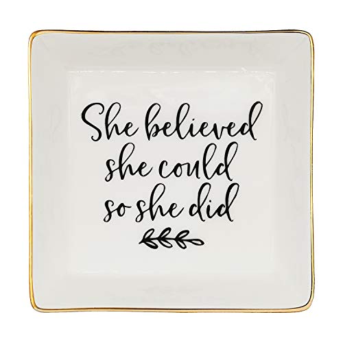 Jewelry Tray Ceramic Trinket Dish Ring Funny Birthday Gifts for Women Unique New Job Spiritual Congratulations Gift Best Friend Mom Friendship Office Decor,She Believed She Could So She Did - color: Believed